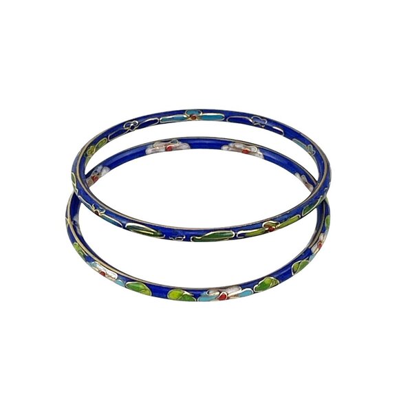 Vintage Cloisonné Enamel Bangles Set Of 2 Blue Floral Design Womens Jewelry - Picture 4 of 8